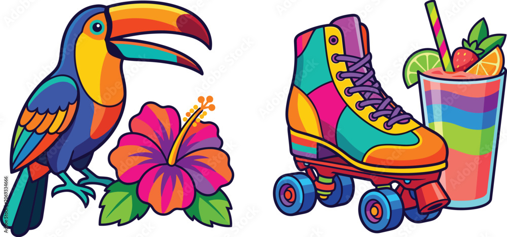 Fototapeta premium Colorful summer stickers set with toucan hibiscus flower and roller-skateColorful summer stickers set with toucan hibiscus flower and roller-skate