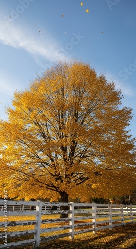Vibrant Golden Autumn Tree Stands Tall Against a Clear Blue Sky.