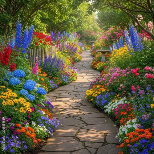 Vibrant Garden Pathway Lined with Colorful Blooming Flowers.