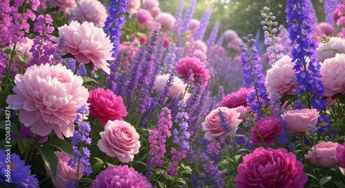 Vibrant Garden Full of Blooming Pink and Purple Flowers in Soft Sunlight.