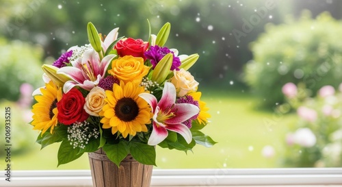 Vibrant Flower Arrangement on a Windowsill with a Garden Backdrop.