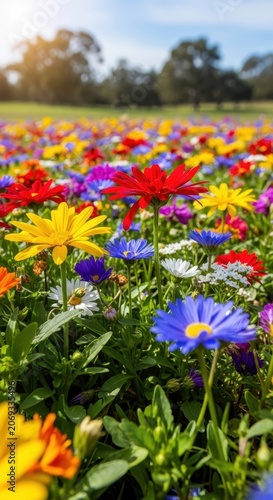 Vibrant field of colorful wildflowers blooming under a bright sunny sky.