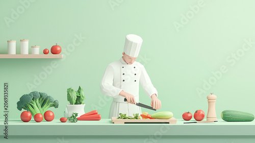A chef prepares vegetables on a kitchen counter with various ingredients.
