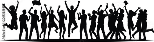 Foto Group of people silhouette celebrating with raised arms and flags