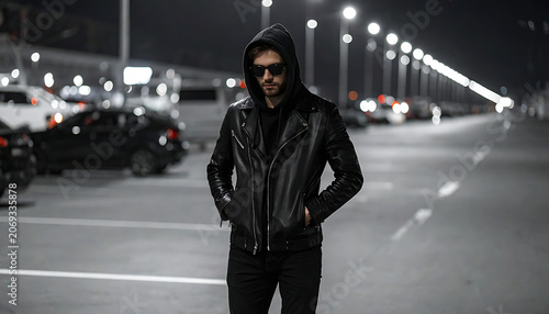 man in leather jacket and sunglasses walking in dimly lit parking lot at night, urban, moody atmosphere