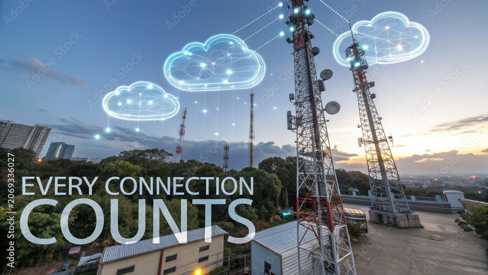 Obraz premium Telecommunications Towers with Cloud Technology Above in Evening Sky