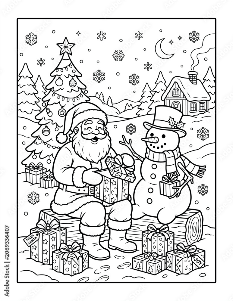 Fototapeta premium Santa claus and snowman opening gift boxes in snowy night landscape of north america.
