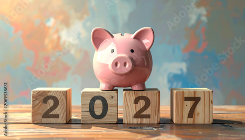 Pink piggy bank sits on wooden blocks showing the year 2027, symbolizing savings and financial planning for the future, wealth accumulation, investment growth, money management