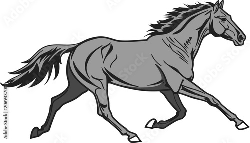 Foto Dynamic of a galloping horse in a grey and black line style isolated on a white