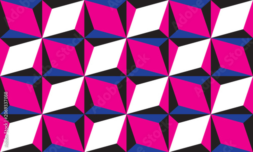 Abstract 3D geometric seamless pattern with vibrant magenta, white, and blue isometric shapes