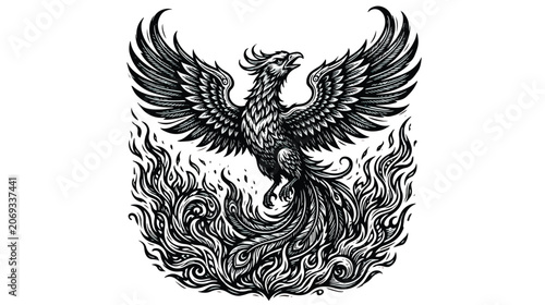 Foto Vintage phoenix bird rising from flames, mythical fire bird woodcut illustration