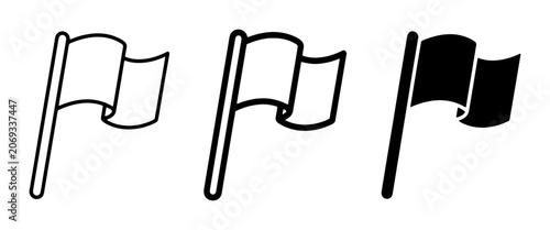 Set of three flag icons, outline and solid fill vector graphics for navigation, location, and achievement symbols