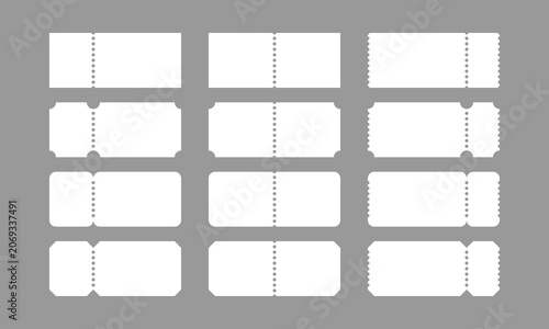 Blank white ticket mockup templates set. Flat vintage tickets outline with perforation lines. Minimal raffle event coupons design elements for cinema, concert, lottery and admission.