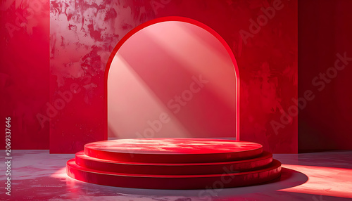 minimalist stage with red podium and archway, abstract architectural interior with textured walls and dramatic lighting