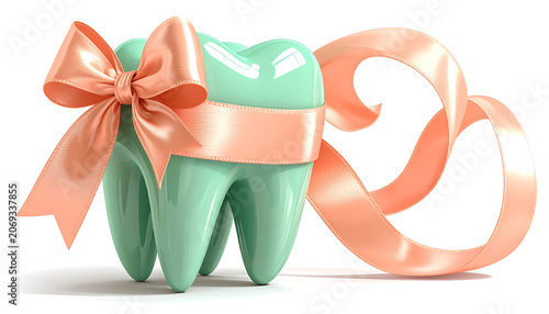 Mint green tooth with a coral pink satin bow and ribbon, dental care gift concept