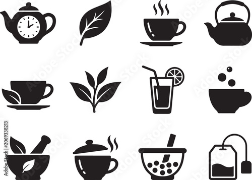 Konstfotografi Black silhouettes of various tea and coffee related objects and leaves