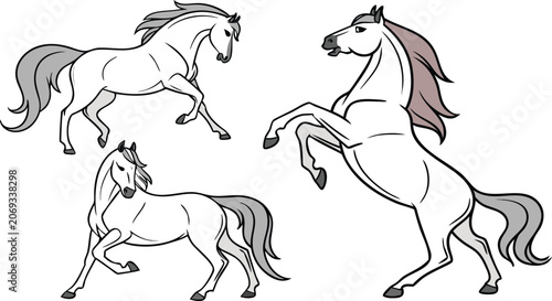 Canvas Print Three of white horses in different dynamic poses including running and rearing u