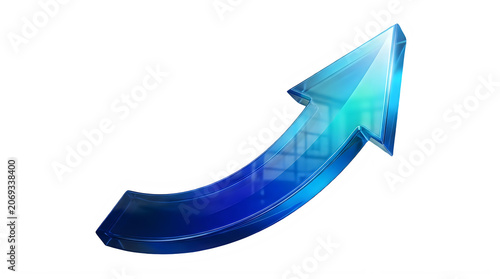 Glossy blue 3d upward trending arrow symbolizing growth and success isolated on transparent background