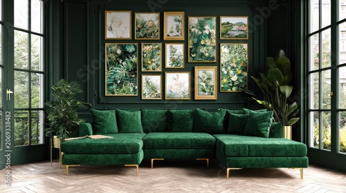 Luxurious living room showcases deep green velvet sectional sofa against richly decorated walls