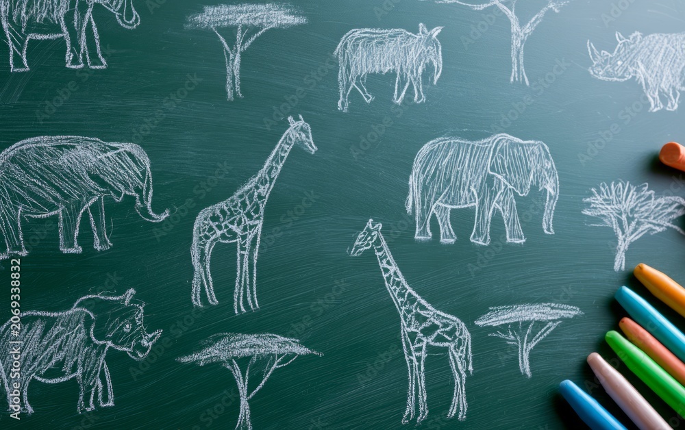 Obraz premium Chalkboard Drawings of African Wildlife in White Chalk on Green Surface
