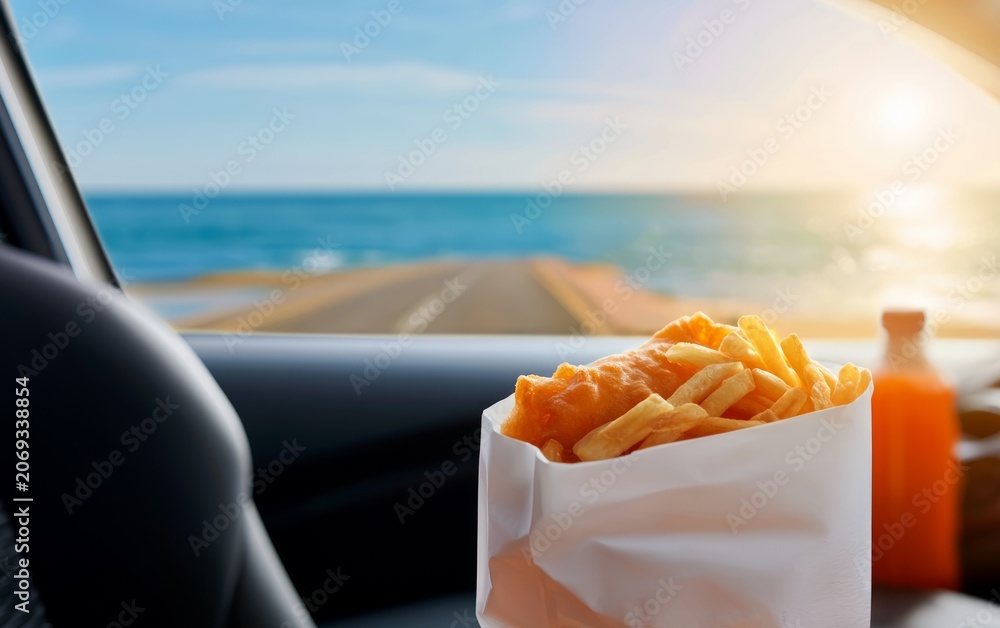 Obraz premium Traditional British Fish and Chips Wrapped in White Paper with Scenic View