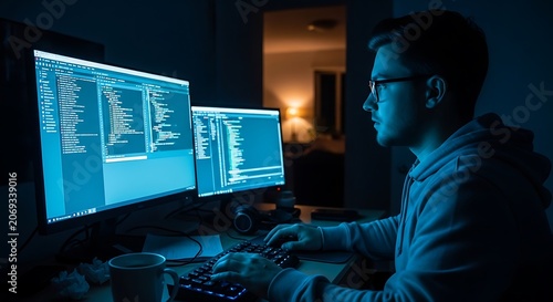 Software developer working late at night writing code on computer screens