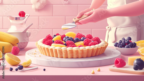 Person assembling fruit tart with raspberries on kitchen countertop