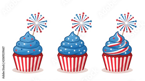 Three decorative cupcakes with american flag frosting and sparkler toppers isolated on transparent background