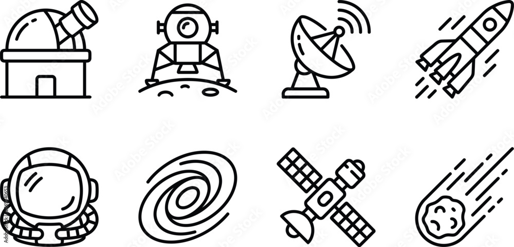 Fototapeta premium Essential space and astronomy outline icons collection