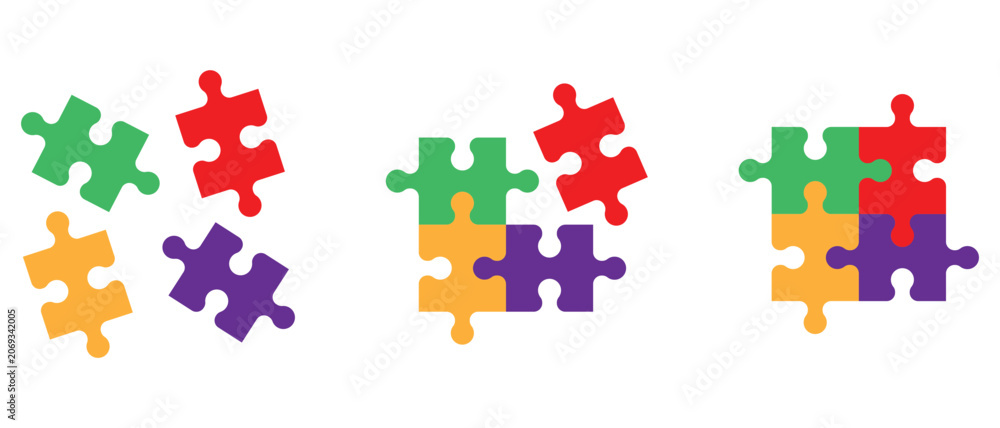 Naklejka premium Colorful puzzle pieces vector. Puzzle pieces and completed square grid pattern solution. Problem solving game. Vector illustration.