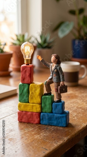 Female Leadership Metaphor Showing Small Scale Clay Figure Reaching For Innovation On Work Desk
