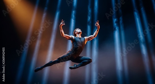 Male ballet dancer leaping in mid-air under dramatic blue stage lighting