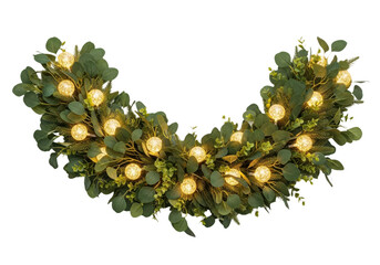 Decorative christmas garland with green eucalyptus leaves and warm glowing fairy lights isolated on transparent background