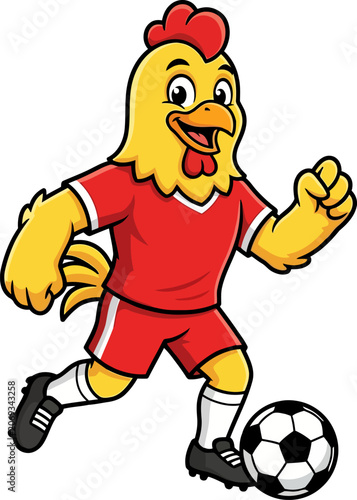 Cartoon chicken wearing red soccer uniform playing with ball