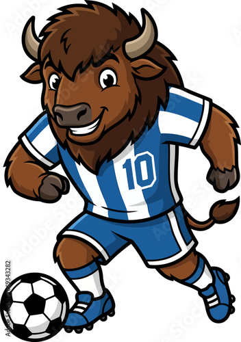 Cartoon bison wearing blue soccer uniform playing with ball