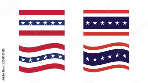 Abstract patriotic flag elements set with stars and stripes, flat red blue and white patriotic banners collection.