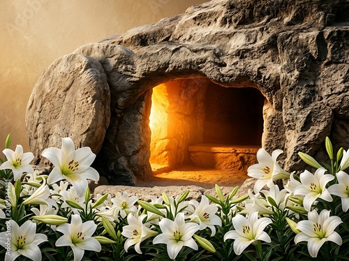 Empty Tomb Easter Background with White Lily Foreground
