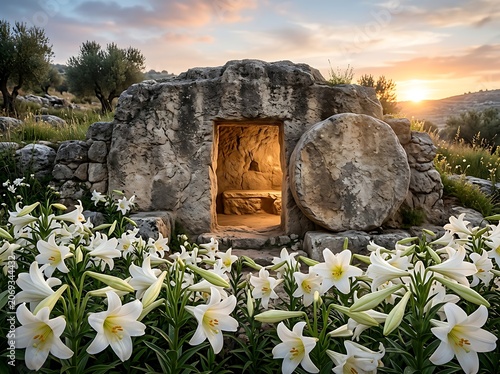 Premium Empty Grave Easter Banner with White Flowers