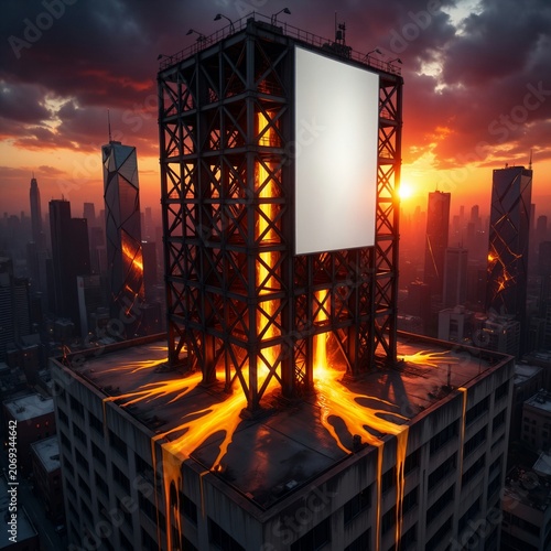 Cyberpunk Megastructure at Sunset with Glowing Neon Core