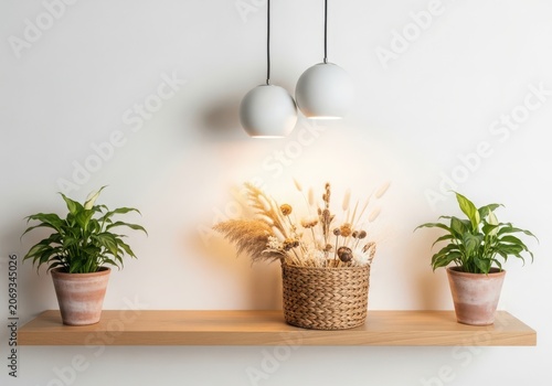 A wooden shelf with potted plants and a wicker basket on it in a room