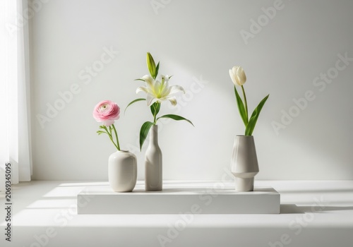 Three Beautiful Flowers in Vases on a White Table