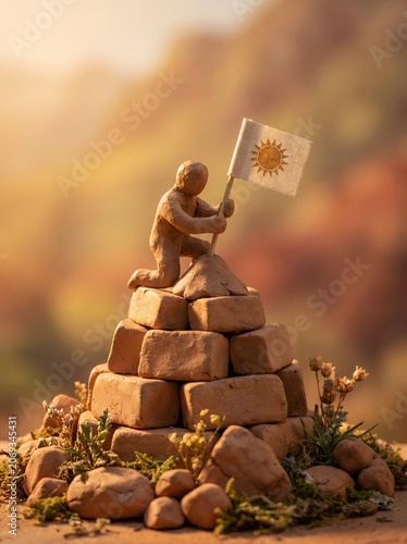 Success Concept Clay Figurine Planting Sun Flag On Top Of Brick Mountain Pyramid Peak