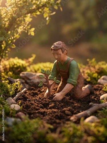 Claymation Male Gardener Planting Small Tree Sapling In Fertile Soil For Reforestation Concept