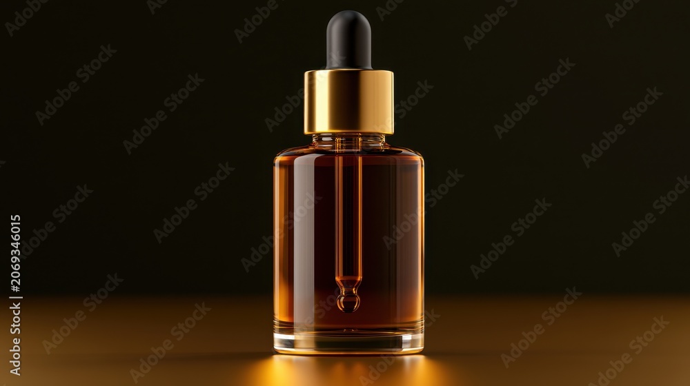 Naklejka premium Glass dropper bottle with serum on a dark golden background