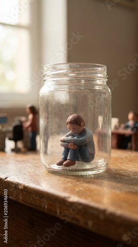 Social Isolation Concept Sad Clay Man Trapped Inside Glass Jar At Corporate Desk Setting
