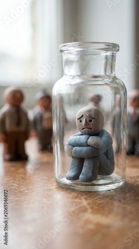Workplace Burnout Concept Clay Figurine Trapped In Glass Jar Surrounded By Office Coworkers