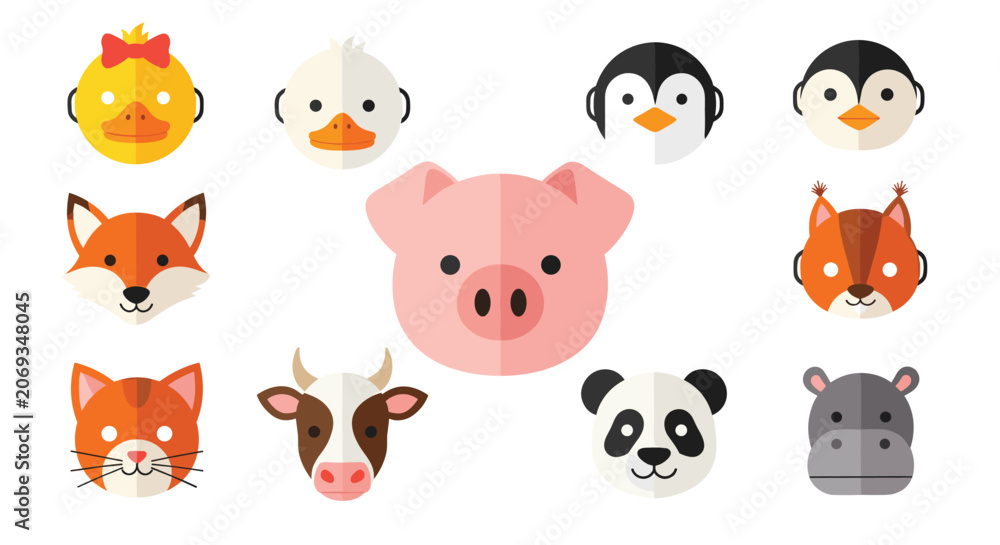Obraz premium Diverse collection of colorful flat design animal head icons including a pig cow fox panda cat penguin duck and squirrel for various uses.