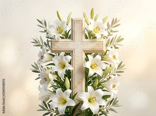 Easter Hope Background with Cross and White Lilies,