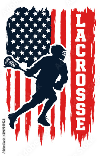 american flag lacrosse player silhouette with distressed patriotic sports design