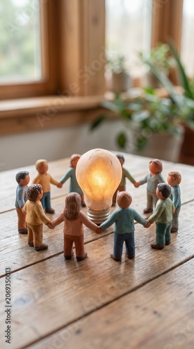 Creative Brainstorming Concept Wooden Human Figurines Standing In Circle Around Light Bulb